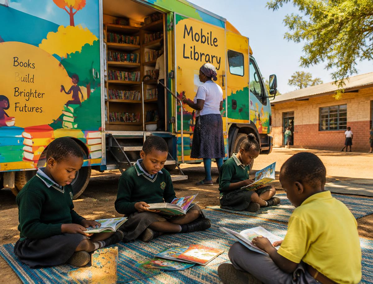 Children reading outside the mobile library van