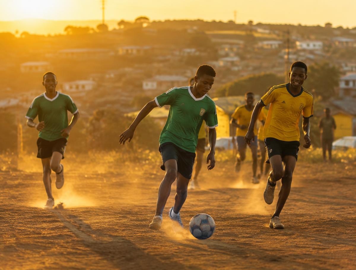 Young footballers on a community field at sunset